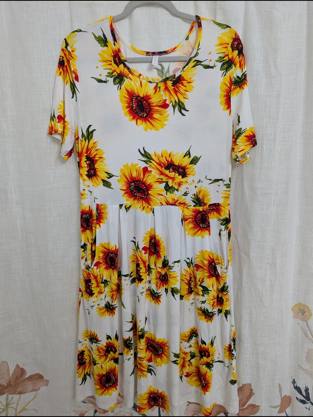 Sunflower Floral Midi Dress Women’s 2XL White Short Sleeve Boho Cottagecore